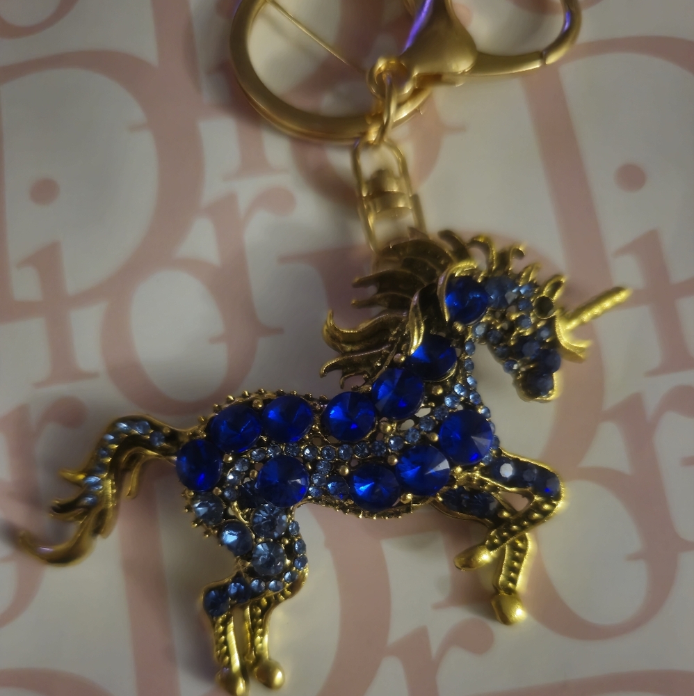 Gold Unicorn Bag Charm/ Brooch/ Keychain with Multicolor Gems New - Picture 3 of 5